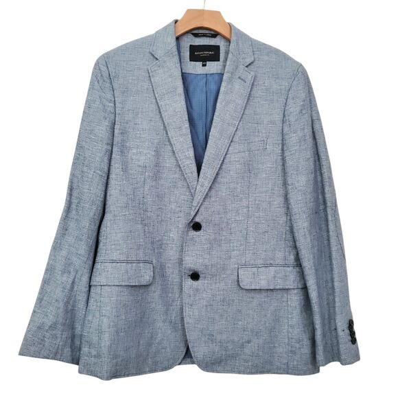 Banana Republic Sport Blazer Mens 40S Blue Linen Blend Tailored Fit Elbow Patch - Picture 1 of 12